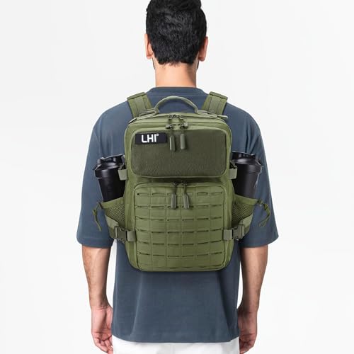 LHI Tactical Military Backpack for Men 25L/45L Large Molle Army Assault Pack 3 Day Hiking Rucksack With Bottle Holder - color: Green With Bottle Holder, size: 25L