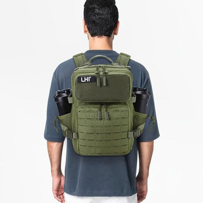 LHI Tactical Military Backpack for Men 25L/45L Large Molle Army Assault Pack 3 Day Hiking Rucksack With Bottle Holder - color: Green With Bottle Holder, size: 25L