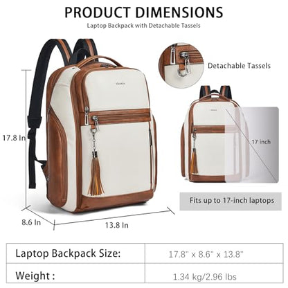 Shrrie Leather Backpack for Women, 17 Inch TSA Travel Backpack with USB Charger, 48L Expandable Large Capacity Computer Backpack Purse for Work Business Travel, Beige - color: Beige With Brown