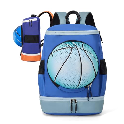 Soccer Backpack with Ball Holder on Outside, Football Volleyball Basketball Backpack with Shoe Compartment and Ball Holder - color: Basketball light blue