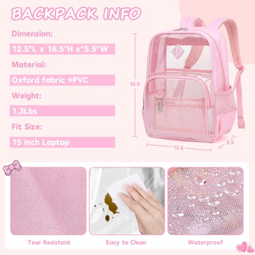 MUSEVOS Clear Backpack, Heavy Duty Bookbag for School, 2-in-1 Design Transparent PVC & Oxford Fabric, for Girls and Women. Pink - color: Pink