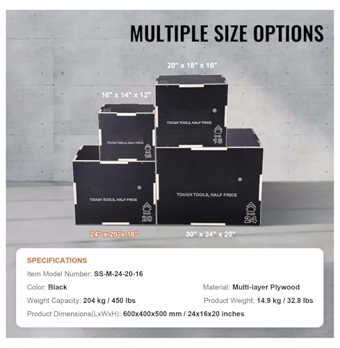 Plyometric Jump Box 3-in-1, 24/20/16 Inch Wood Plyo Box, Fitness Step Platform, Agility Training Box - Home Gym, Strength & Conditioning, Black