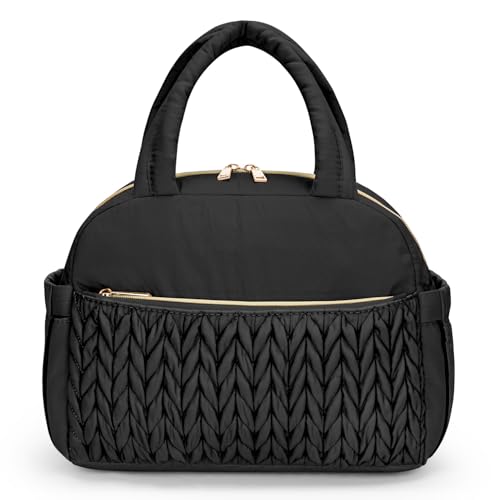 Coobiiya Quilted Puffer Insulated Lunch Bag Women Men, Cute Cotton-Like Taslan Lunch Box for Women Men, Thermal Waterproof Cooler Bag Large Capacity for Work Picnic Travel（Black） - color: Black Woven Cotton