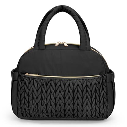 Coobiiya Quilted Puffer Insulated Lunch Bag Women Men, Cute Cotton-Like Taslan Lunch Box for Women Men, Thermal Waterproof Cooler Bag Large Capacity for Work Picnic Travel（Black） - color: Black Woven Cotton