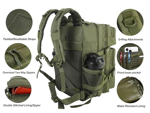 LHI Military Tactical Backpack for Men and Women 45L Army 3 Days Assault Pack Bag Large Rucksack with Molle System - Green - color: Army Green