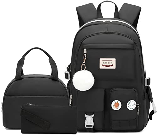 Hey Yoo School Backpack for Girls Backpack with Lunch Box Teen Girl Backpack Set Cute School Bag Bookbag for Teen Girls (Black) - color: Black