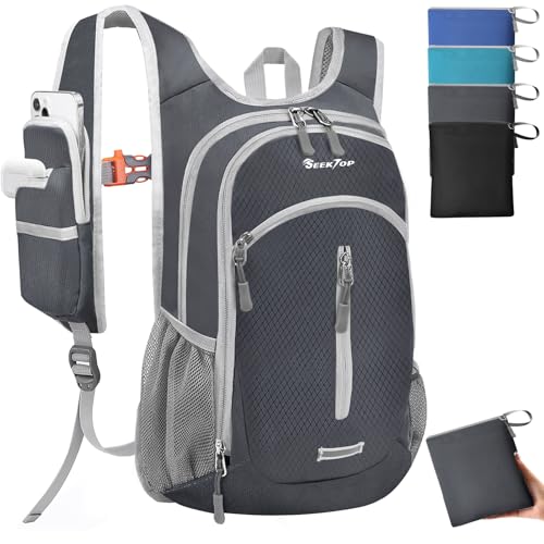 Seektop Small Hiking Backpack Expandable 12L-15L, Lightweight Packable Waterproof Daypack with Phone Pocket for Women Men - color: Dark Grey