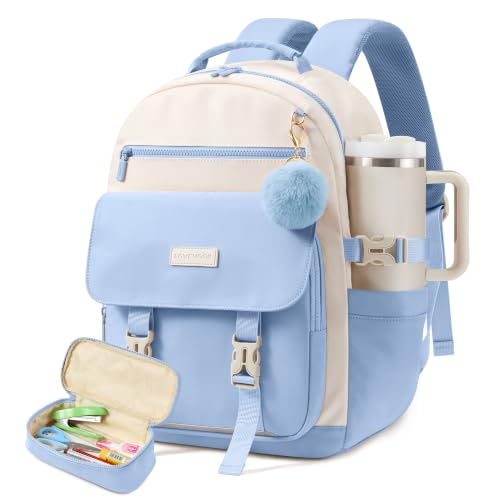 LOVEVOOK School Backpack for Teen Girls, 14-18 Casual Large Capacity Student Laptop Backpack with Pencil Case, 15.6 Inch Bookbag for College, Middle & High School, Gift for Girls - color: Beige and Blue, size: 15.6 inche- 2Pcs