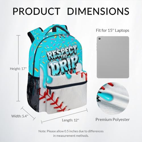 Baseball Drip Backpack for Boys Kids Schoolbag with Pocket - Durable Bookbag for Sport Lovers School Supplies Gifts (17 Inch) - color: Blue