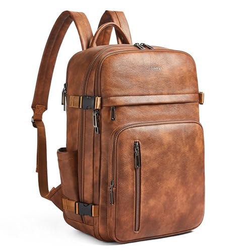 Vegan Leather Backpack for Women and Men, Fits 17.0" Laptop, Stylish Lay-Flat Carry-on Travel Backpack with Luggage Strap for Travel and Daily Use - color: 2-1 Brown