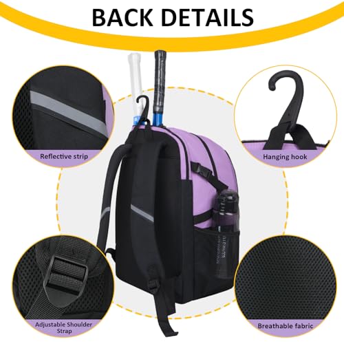 Goloni Tennis Backpack, Tennis Bag with Fence Hook & Ventilated Shoe Compartment, Holds 2 Tennis Rackets - color: Purple