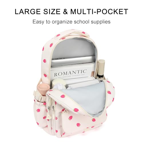 Phaoullzon Teen Girls School Backpack with Lunch Box for Boys, College Aesthetic Laptop Bookbag for Women - color: Strawberry