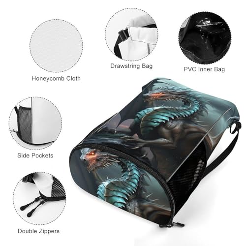 Drawstring Gym Backpack with Shoe Compartment And Wet Pocket, 28L Lightweight Waterproof Cool Dragon Sports Backpack for Workout Swim Beach Travel String Bag for Men Women