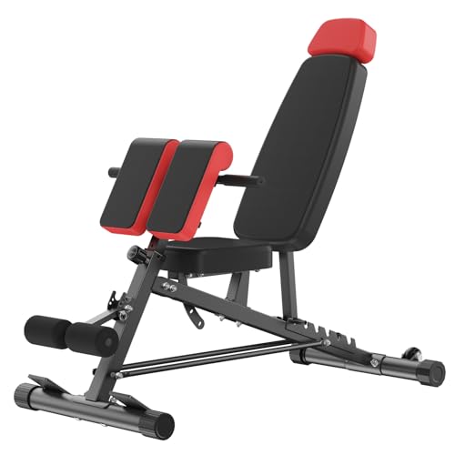 OLIXIS Adjustable Weight Bench, 660 LBS Foldable Workout Bench Press | Heavy Duty Chest Press Machine with Hyper Back Extension & 2 Wheels, for Flat Incline Decline Sit Up for Home Gym - color: Black & Red