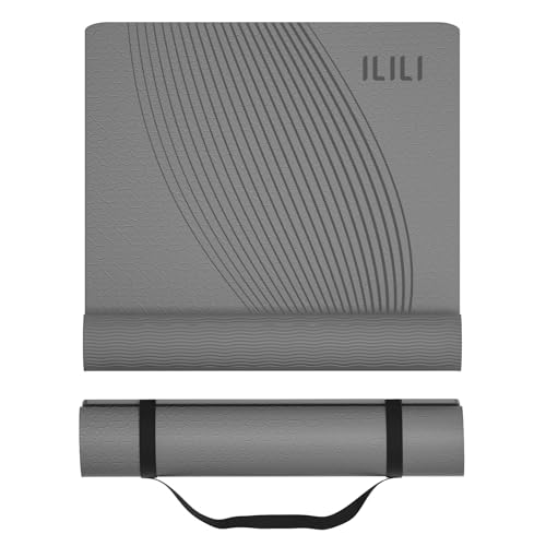 ILILI Yoga Mat, TPE Exercise Mat, Tear-Resistant, Fitness Yoga Mat with Carrying Strap, 72''x25''×0.3''(8mm), Ideal for Yoga, Pilates, Home Workouts, Stretching & All Fitness Routines - color: grey