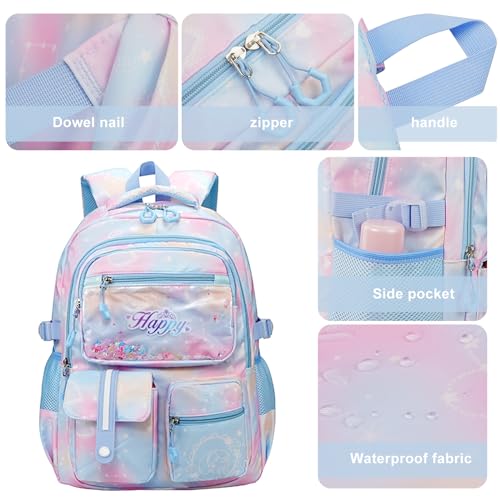 MCWTH Backpack for Teen Girls, Kawaii Cute Kids Elementary Student School Backpacks (Happy Blue) - color: Happy Blue
