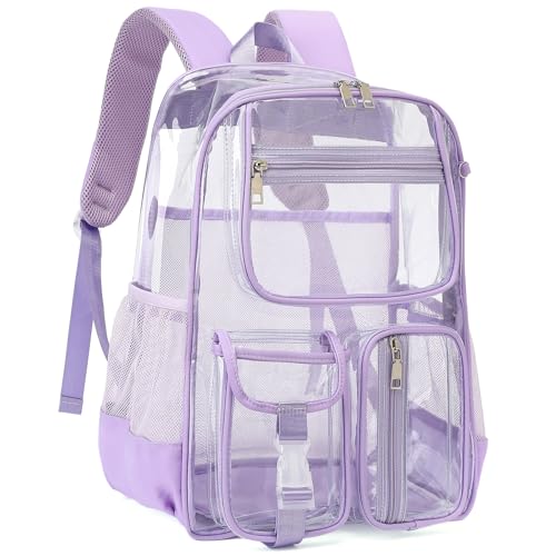 Clear Backpacks for Girls Women, Heavy Duty PVC Transparent School Bookbag See Through Back Pack for College Work Travel (Light Purple) - color: Light Purple