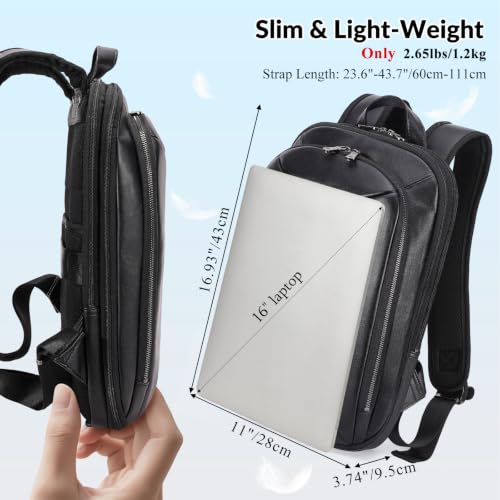 Masa Kawa Expandable Black Leather 16” Laptop Backpack for Men | Slim Waterproof Business Travel Work Computer Bag