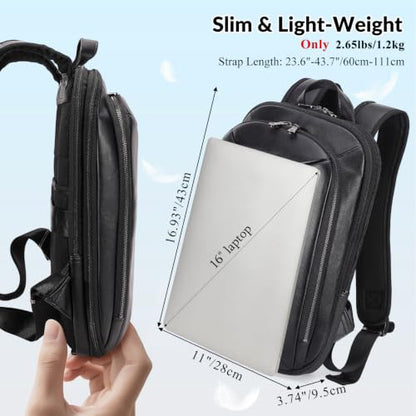 Masa Kawa Expandable Black Leather 16” Laptop Backpack for Men | Slim Waterproof Business Travel Work Computer Bag