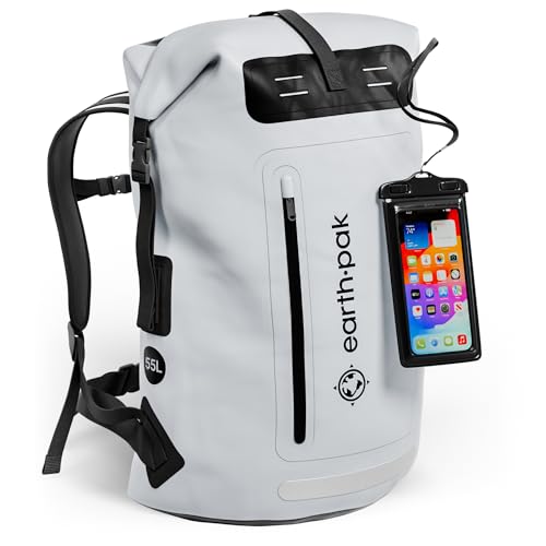 Earth Pak Waterproof Backpack - Heavy Duty Hiking Backpack - Roll-Top Closure Bag - Cushioned Dry Bag Waterproof Phone Case - color: Grey, size: 55L