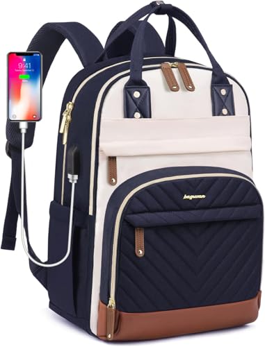 Laptop Backpack for Women, Fits 15.6 Inch Laptop Bag, Fashion Travel Work Backpack Anti-theft Bag with USB Charging, Business Computer Waterproof Backpack Purse, Beige Blue Brown - color: 3-beige-blue-brown, size: 15.6 Inch