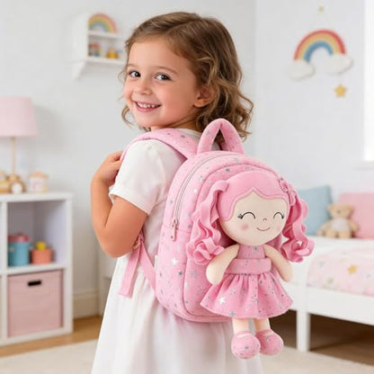 Gloveleya Kids Backpack Toddler Girl Gift Plush Curly Hair Doll Backpack with Glittery Pink Dress and Star Accents 9 Inches - Perfect for Preschool and Day Trips - color: A0033pink, size: 9 inches