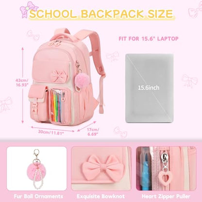 Girls Backpack, School Backpack for Girls, Cute Bow Kids Bookbag for Grils Children Teens for Elementary Middle High School Student, Pink - color: Pink