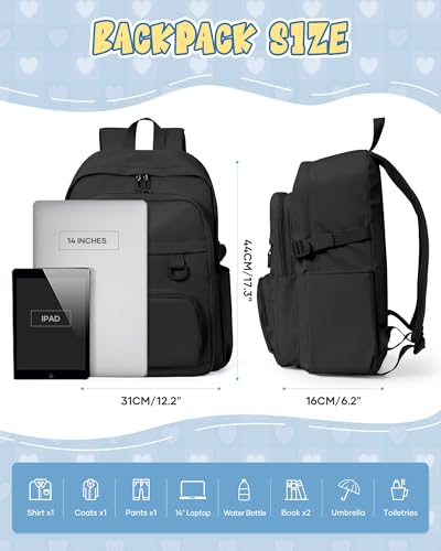 Black Lightweight Backpack for College & High School Backpack With Lots of Pockets Cute School Bag for Girls Boys, Large Capacity Bookbag for Women Men, Waterproof Teens Casual Daypack Backpack - color: Black