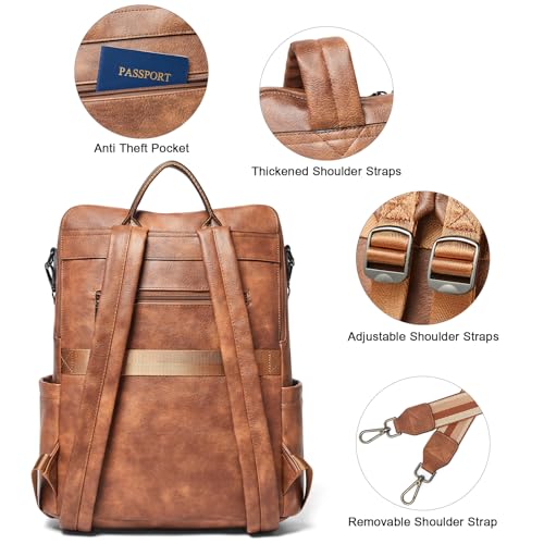 Shrrie 15.6 inch Laptop Backpack for Women,Large Leather Purse,Travel Backpacks Carry on,Water Resistant Casual Laptop Backpacks,College Backpack,Work Backpack for Women,Two-tone Camel Brown - color: Brown With Leopard