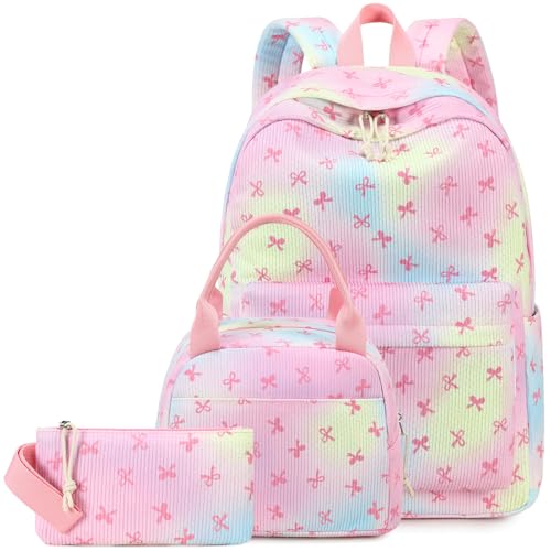 LEDAOU Backpack for Girls School Bag Kids Bookbag Teen Backpack Set Daypack with Lunch Bag and Pencil Case | Kids - color: Bow Rainbow