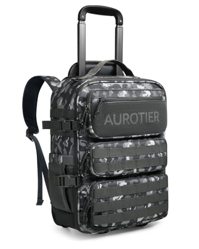 AUROTIER Rolling Tactical Laptop Backpack, Underseat Travel Backpack with Wheels, 16 Inch Wheeled Computer Backpack for Men and Women, Roller Overnight Molle Outdoor Hiking College Carry on Luggage - color: Black Camo