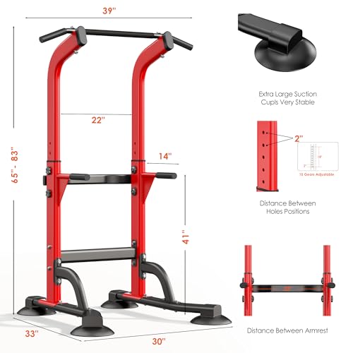 SogesPower Power Tower Dip Station Pull Up Bar for Home Gym Adjustable Height Strength Training Workout Equipment,Pull Up Bar Station - color: Red