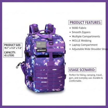 45L Military Tactical Backpack for Men & Women Bug Out Bag Assault pack Molle Daypack Hiking Trekking Rucksack (2.0 side pockets (purple tie-dye) - color: 2.0 Side Pockets (Purple Tie-dye）