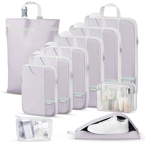 Percover Compression Packing Cubes for Travel, 10-Piece Structured Compression Organizer Set with Toiletry Bag, Laundry Bag & Shoe Bag for Carry-On & Checked Luggage, Purple - color: Purple, size: 10 Set