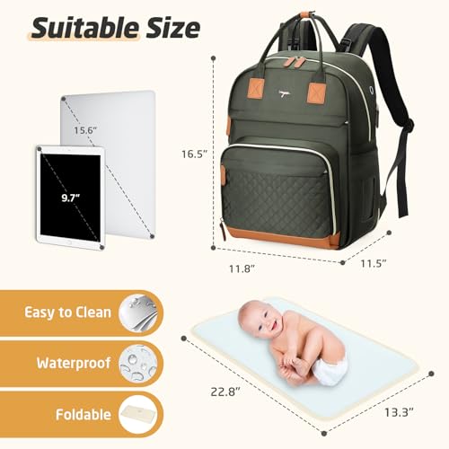 Diaper Bag Backpack - Extra Large Diaper Bag for 2 Kids Twin, Travel Baby Bags for Mom Dad 25-37L Expandable with Changing Pad Earphone Hole, Solid Green - color: Solid Green