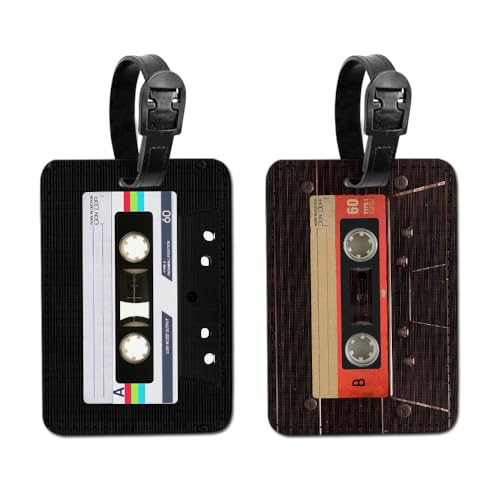 WIRESTER Set of 2 PU Leather Luggage Tag Name Tag Bag Tag for Travel Suitcase Baggage Luggage - Retro Black Cassette Tape, Red Vintage Cassette Tape - color: Retro Black, Red Vintage Cassette Tape