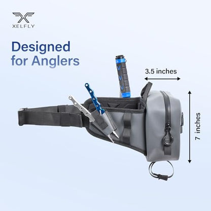 Xelfly Waterproof Fishing Waist Bag with Rod Holder, Padded Waist Straps & Gear Loops - Submersible Zipper, Rugged Top Handle, Adjustable Attachments (Gray) - color: Gray, size: Waist Bag