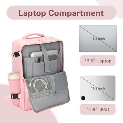 Carry On Backpack for Women & Men – Airline Approved Underseat Size, 15.6" Laptop Compartment, TSA-Friendly 180° Opening, Anti-Theft Business Travel Backpack with Trolley Sleeve(Pink, Medium) - color: Pink, size: Medium
