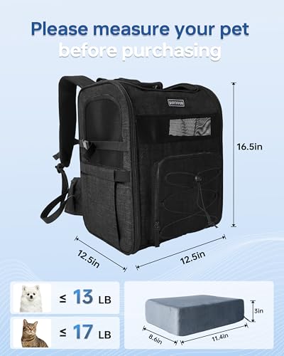 Hiking Dog Carrier Backpack, Padded Height-Enhancing Design, Adjustable Waist Cushioning Belt with Breathable Padded Back Support, Dog Carrier Backpack for Small Dogs Max 13LB Black with Pad - color: Black