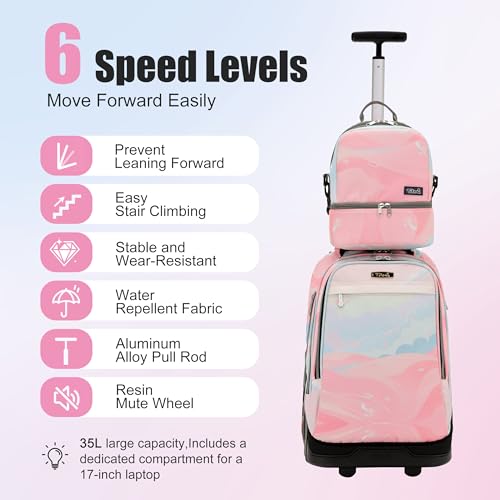 NEW TILAMI 19 Inch Rolling Backpack with Lunch Bag for Girls Boys Wheeled Laptop Backpack Durable Carry-on Bag School Travel, Pink - color: Pink
