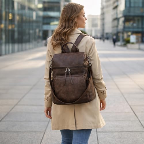 Anti-Theft Backpack Purse for Women, Convertible 3-in-1 Vegan Leather Backpack with Hidden Zipper, Adjustable Shoulder & Crossbody Bag for Travel and Daily Commute - color: B Two Toned Coffee