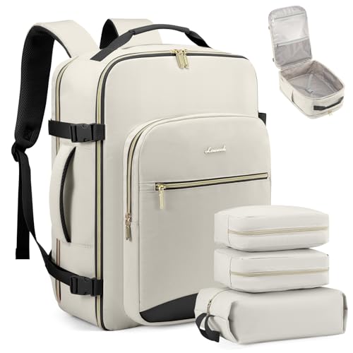 LOVEVOOK Travel Backpack for Women & Men 40L,Airline Approved Carry On Backpack Travel Essentials,TSA Carry on Luggage,Waterproof Personal Item Travel Bag,Suitcase with 3 Packing Cubes,Beige-Black - color: Beige-black, size: Large-40L-4Pcs