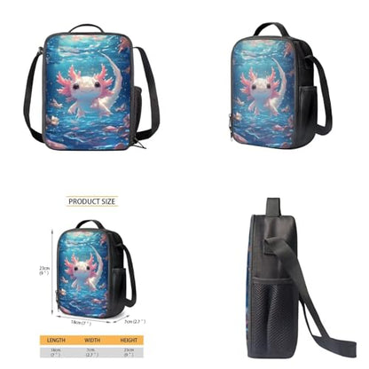 Cute Axolotl Backpack for Girls Kids Backpack with Lunch Box Water Bottle Carrier with Strap and Big Pencil Case 4PCS Set Bookbag with Front Pocket for School 17" Sturdy Elementary School Bag - color: Axolotl-1