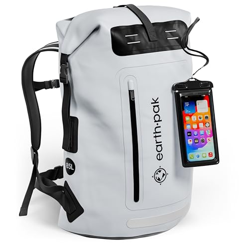 Earth Pak Waterproof Backpack - Heavy Duty Hiking Backpack - Roll-Top Closure Bag - Cushioned Dry Bag Waterproof Phone Case - color: Grey, size: 85L
