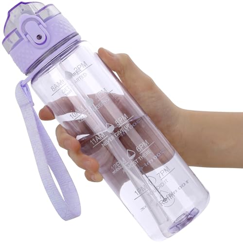 OLDLEY 17oz Kids Water Bottle, Tritan BPA-Free, Leakproof Flip Straw Lid, Motivational Time Marker, Carry Strap, Reusable Clear Water Bottle for Boys & Girls,Amethyst - color: Amethyst, style: 17 Ounces
