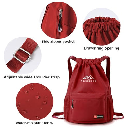 Drawstring Backpack for Women Men Sport Gym Bag Water Resistant Backpack Sandproof Beach Bag With Mesh Pockets (Red) - color: Red