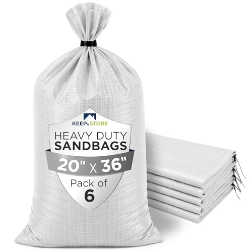 Heavy Duty Sand Bags Pack of 6, White Empty Sandbags with Built-In Ties, Woven Polypropylene UV Protection 1600 Hours, Fillable Bags for Flood Control, Weight, 20x36 inches, 100 Pounds Volume - size: 20"W x 36"L, style: Pack of 6