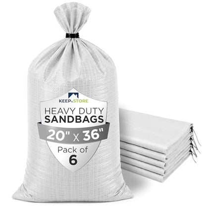 Heavy Duty Sand Bags Pack of 6, White Empty Sandbags with Built-In Ties, Woven Polypropylene UV Protection 1600 Hours, Fillable Bags for Flood Control, Weight, 20x36 inches, 100 Pounds Volume - size: 20"W x 36"L, style: Pack of 6
