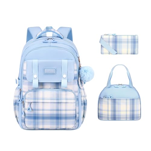 3Pcs Cute Backpack for Girls with Lunch Box & Pencil Case, Large Capacity Kids Bookbag for Elementary Middle School Students Waterproof Kawaii Preppy Aesthetic Plaid Backpack Age 4-16 - color: 3pcs Blue