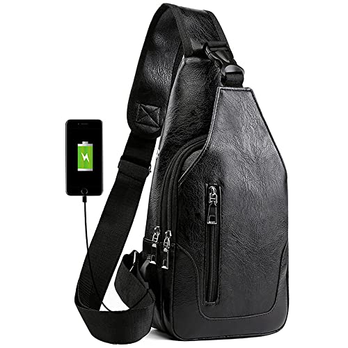 Peicees Leather Sling Bag Mens Crossbody Bag Chest Bag Sling Backpack for Men with USB Charge Port - color: Verticalzipper/Black, size: Medium